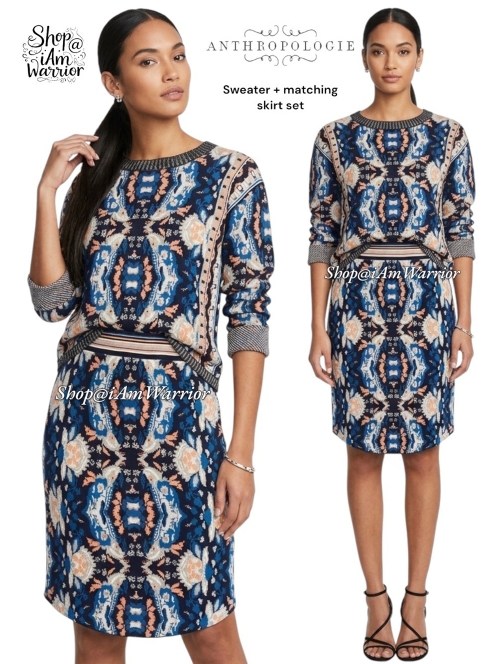Anthropologie Moth 2 piece kaleidoscope floral parrot print sweater & skirt
